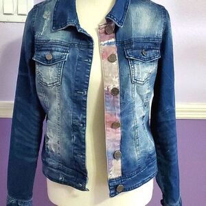 Indigo Rein Medium Wash Long Sleeve Fitted Croped Jean Jacket Retro 90s